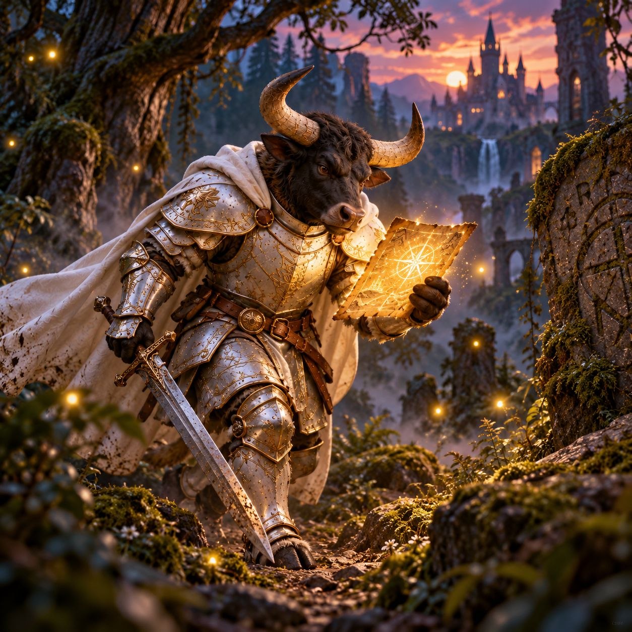 SWORDBULL studies a glowing ancient map in a forest beside castle ruins