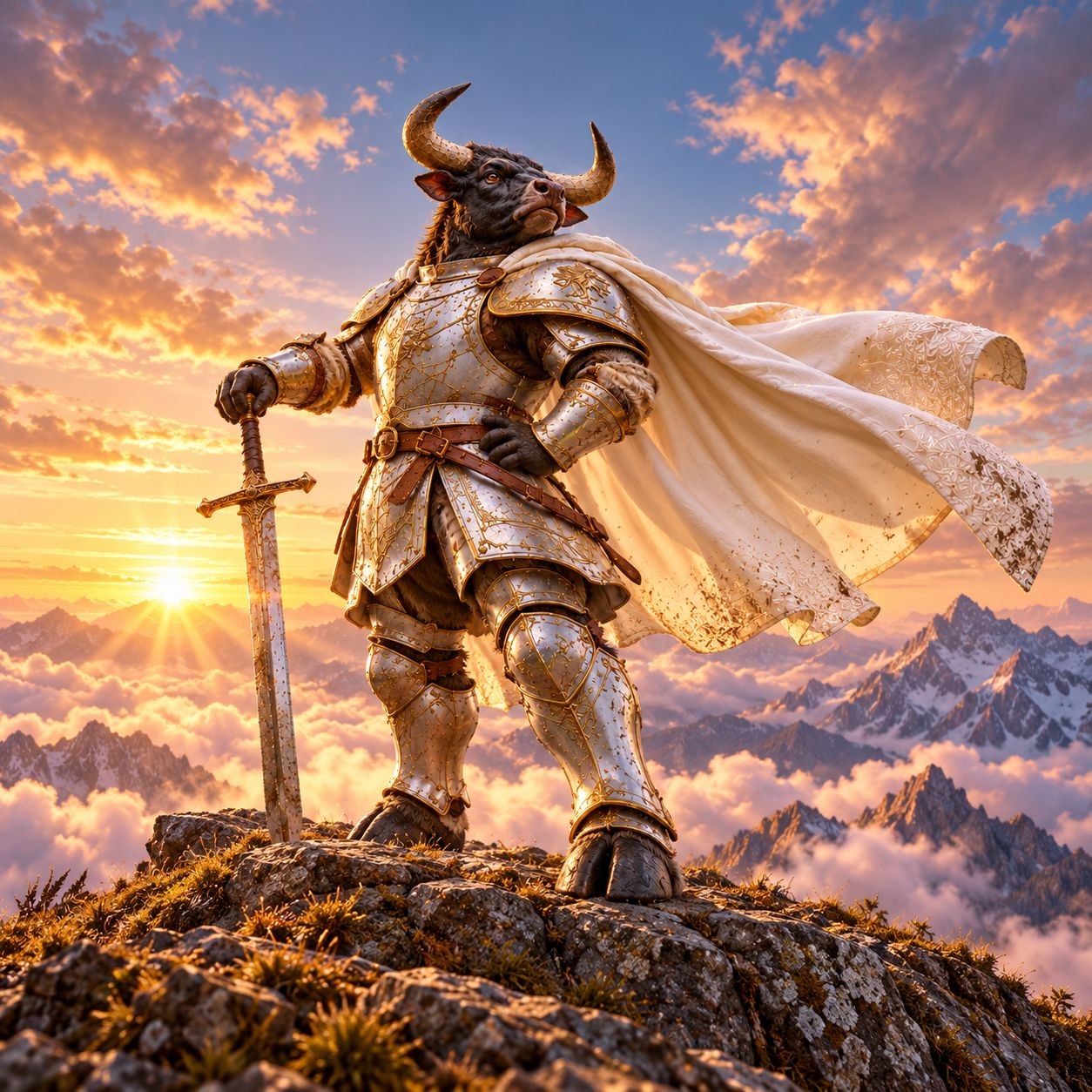 SWORDBULL stands above the clouds on a mountain summit at sunset