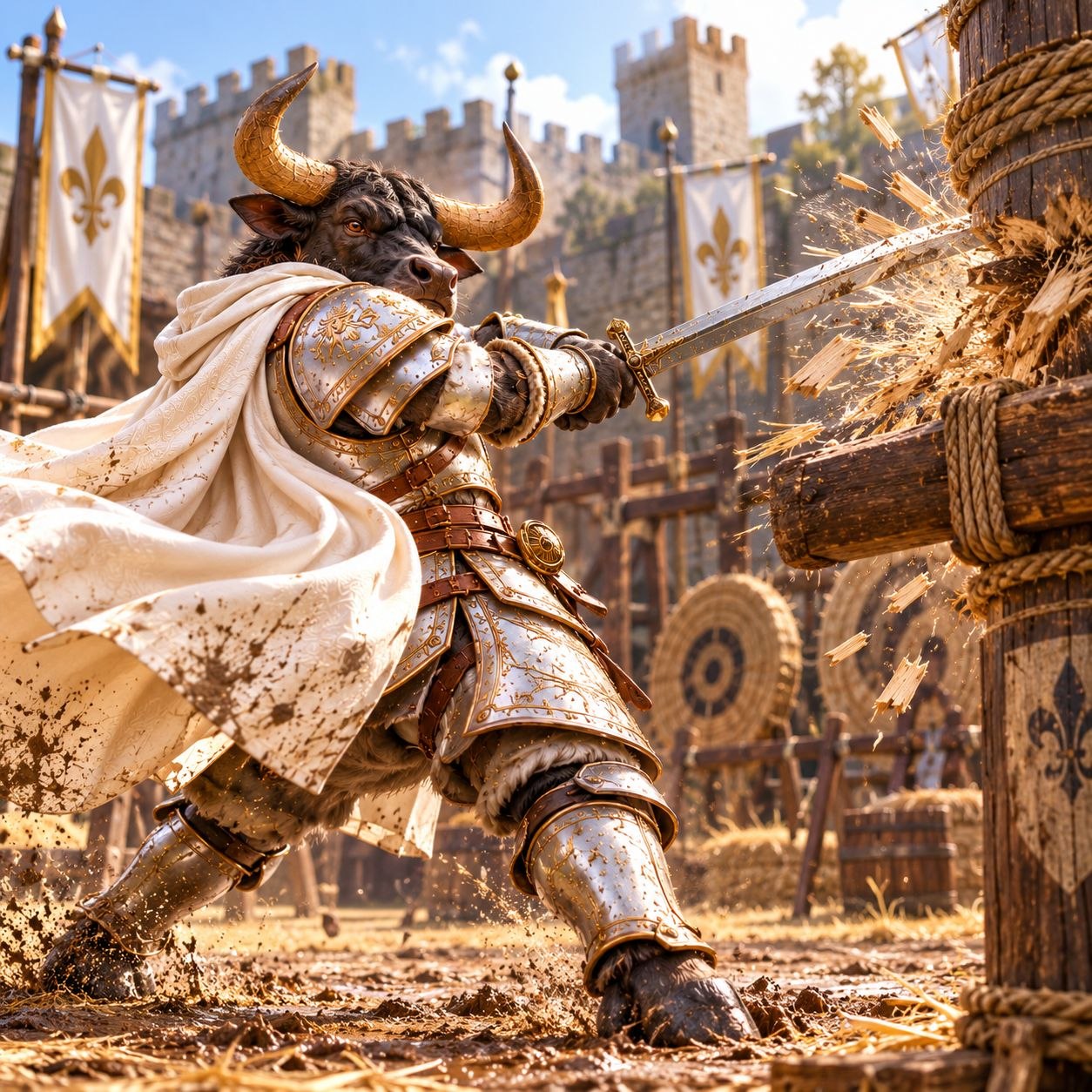 SWORDBULL strikes a wooden training post with his sword in a castle courtyard